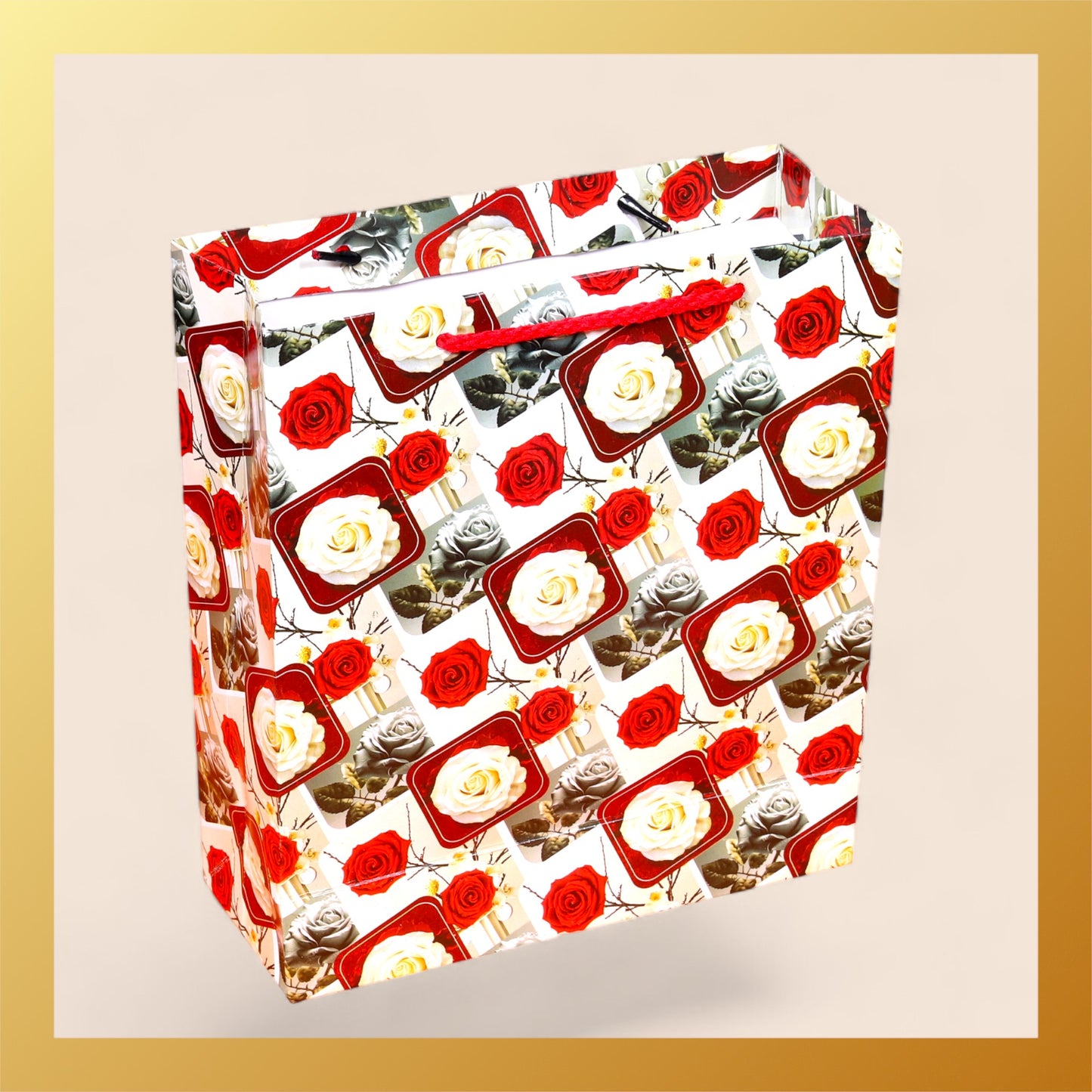 Paper Bags 12 Pcs Small Size (9x8 inch) White & Red Rose