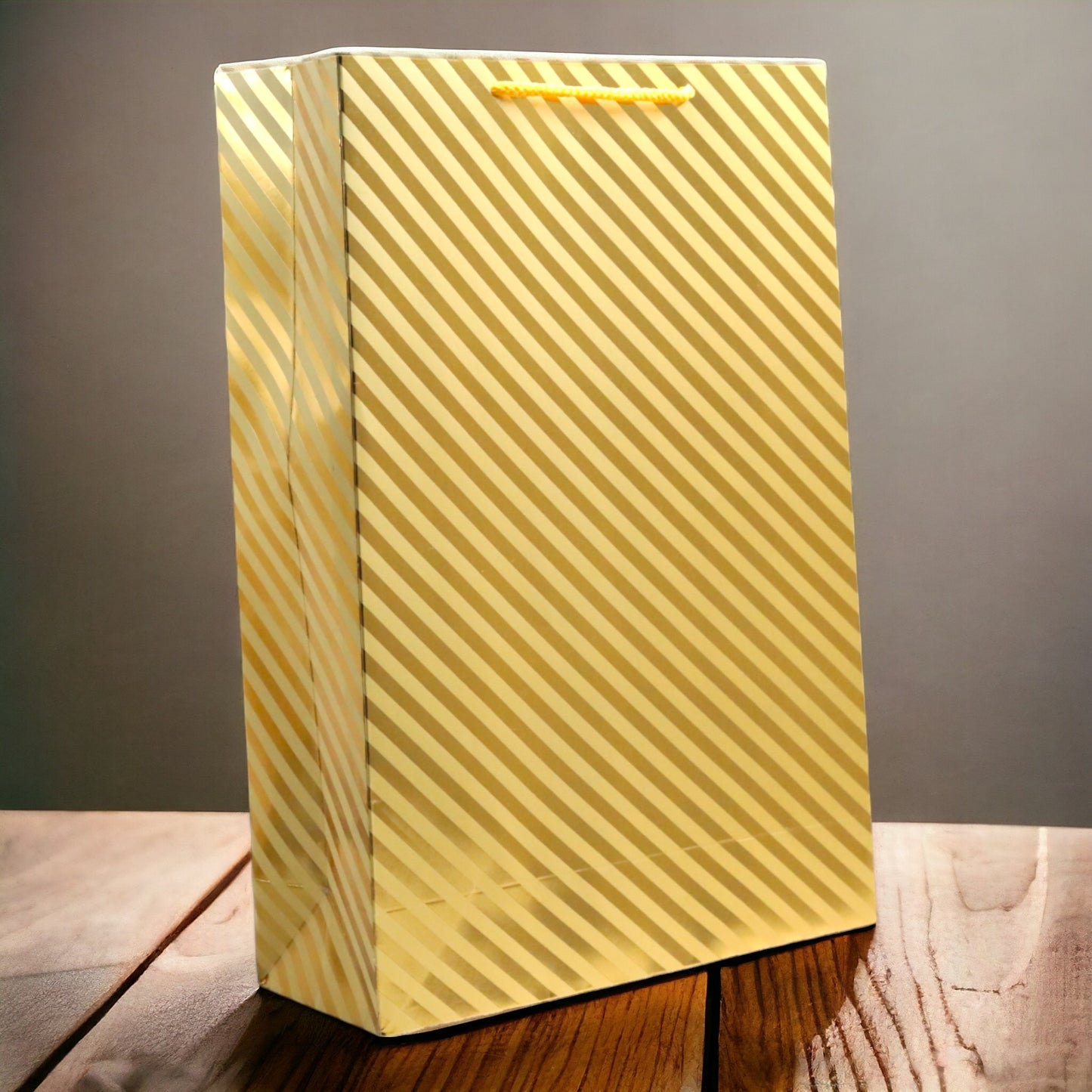 Paper Bags Gold Strpes Foil Print 12 Pcs Medium Size (10 x 14 inch) Pastel Yellow